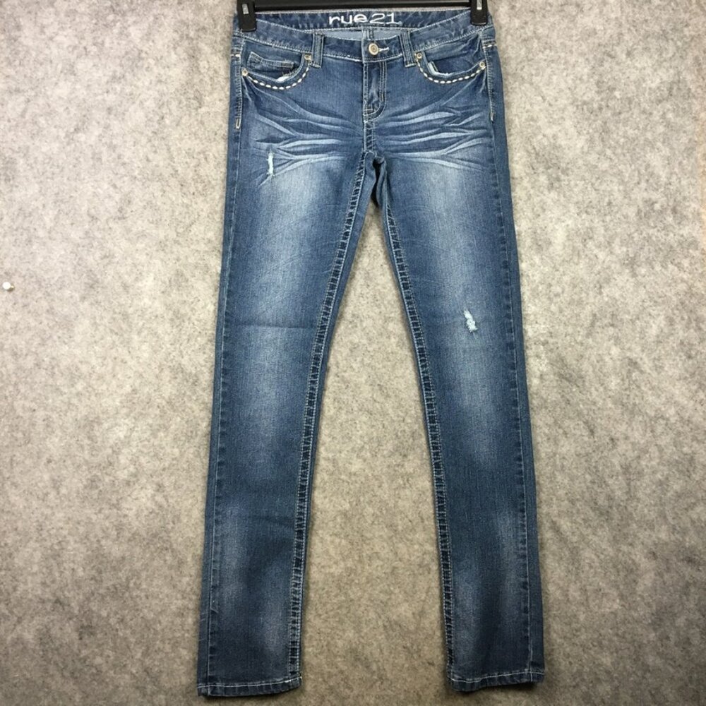 Rue21 Jeans 2 26 Skinny Mid Rise Distressed Thick Stitch Flap Pocket Embellished